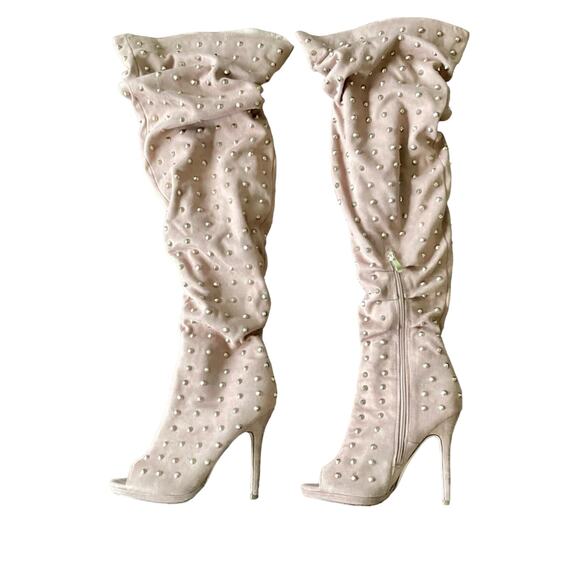 Liliana Vegan Suede Over the Knee Golden Tacks Peep Toe Boots - Picture 10 of 10